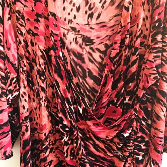Jennifer Lopez Plus 1X Wrap Animal Print Coral Fuchsia Ruched Surplice Blouse - Picture 7 of 16